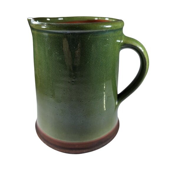 Handcrafted pitcher Green Ceramic olive brown rustic country inscribed initialed - Picture 1 of 9